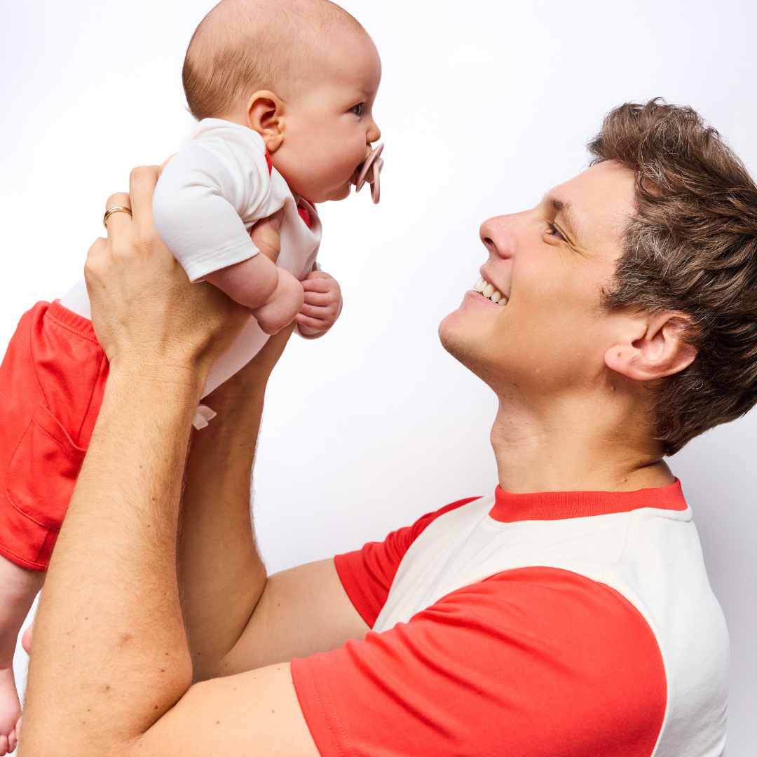 White with Engine Red | Dad holding baby matching in red and white tshirt and bodysuit peruvian pima cotton