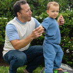 Dad and Toddler matching in Light Blue Tshirt and Navy Blue tshirt and sweatpants