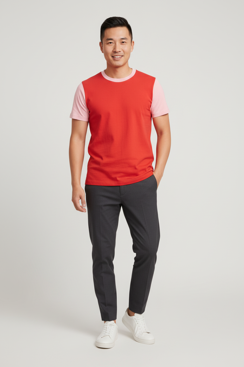Engine Red with Pink | Man wearing a red and pink shirt with gray pants on a white background