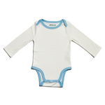 A long sleeve bodysuit for babies, primarily white with chambray blue trim on the collar and cuffs.