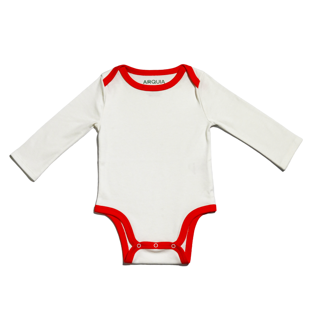 A long sleeve white bodysuit with red trim for babies made of peruvian pima cotton