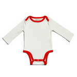 A long sleeve white bodysuit with red trim for babies made of peruvian pima cotton