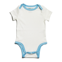 short sleeve onesie or bodysuit in white with chambray blue, perfect for babies and newborns