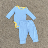 Cozy Comfort: Long Sleeve Bodysuits + Jogger Pants in Chambray Blue with Yellow
