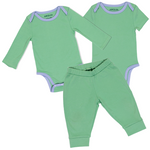 Grass Green with Blue | baby onesie and pants set on a white background