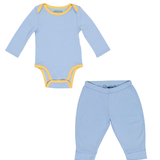 Cozy Comfort: Long Sleeve Bodysuits + Jogger Pants in Chambray Blue with Yellow