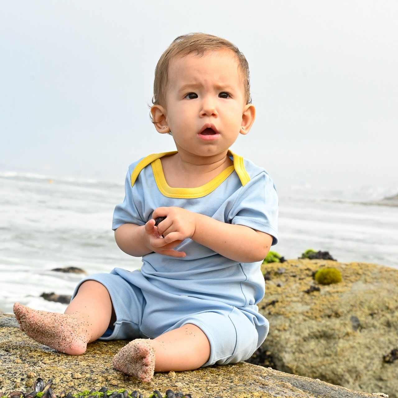 Chambray Blue with Yellow |Baby in Blue and Yellow Bodysuit and shorts made of 100% peruvian pima cotton. Sunny Day Set