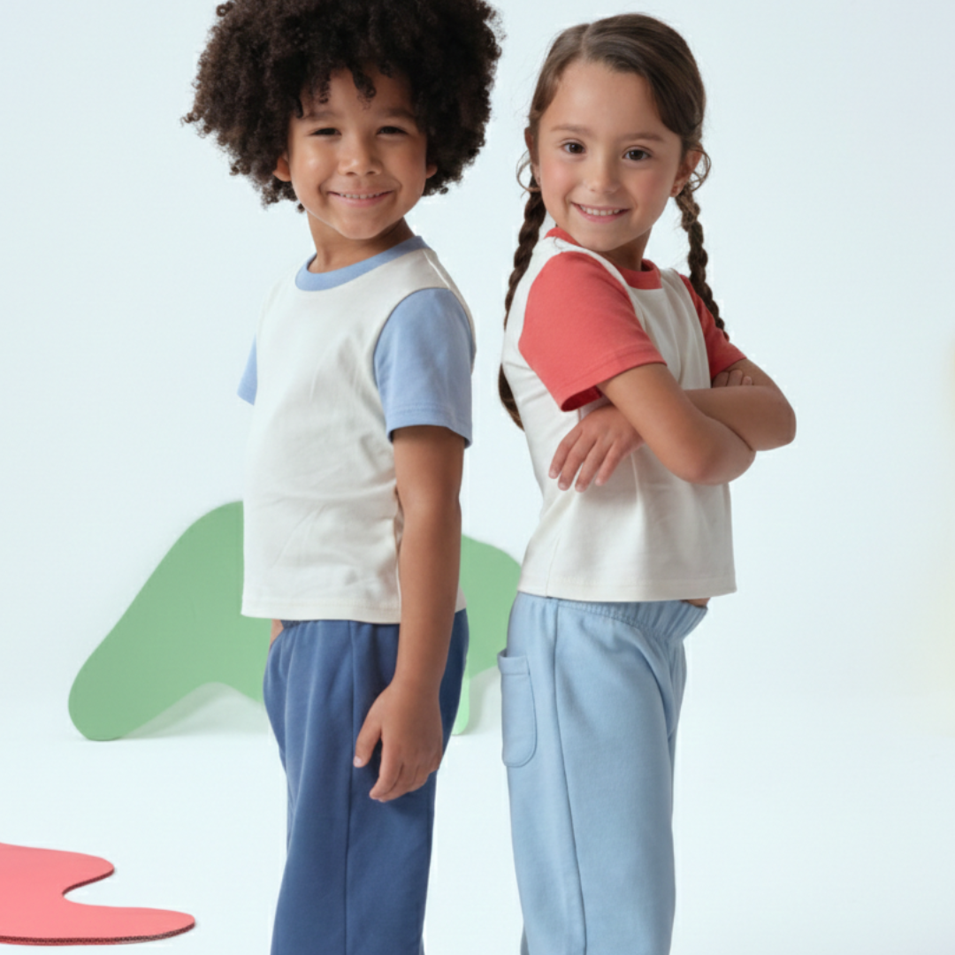 Light Blue; Navy Blue; White with Engine Red; White with Light Blue | Toddlers wearing Arquia Kids Color Block Tshirt color block white with red and white with light blue made of 100% peruvian pima cotton