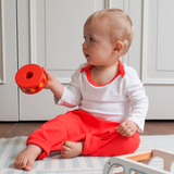 White with Engine Red | Baby wearing Long Sleeve bodysuit and Jogger pants made in 100% pima cotton