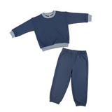 Navy Blue | Children's navy blue outfit with long-sleeve top and pants on a white background
