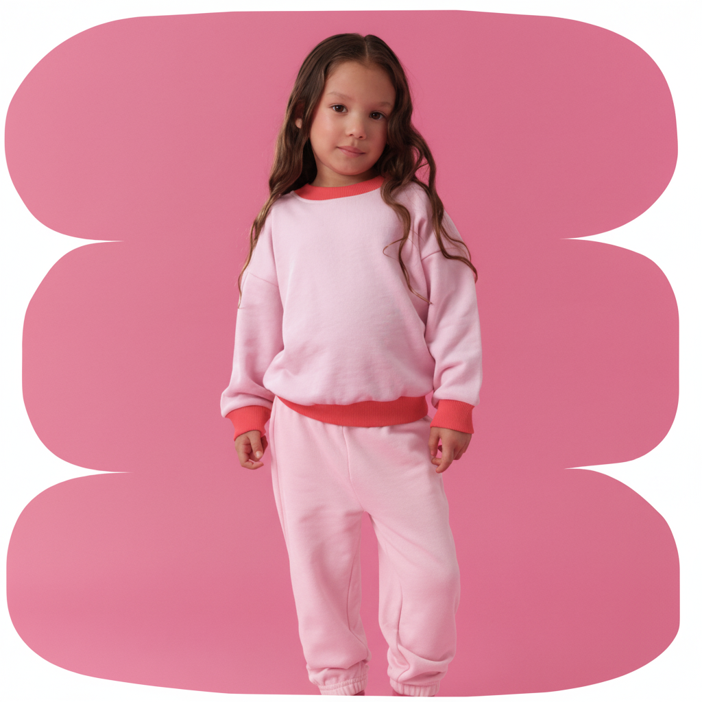 Pink | Young girl wearing a pink outfit on a pink background