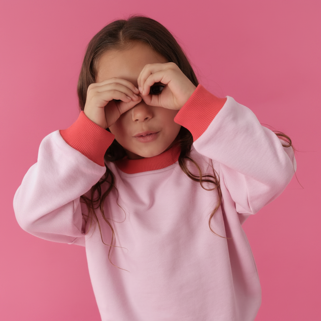 Pink | Child wearing a pink and red outfit with a pink background