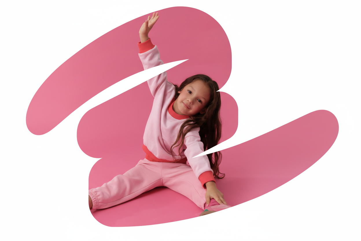 Pink | Child in pink outfit on a large pink letter 'B' with a white swoosh.
