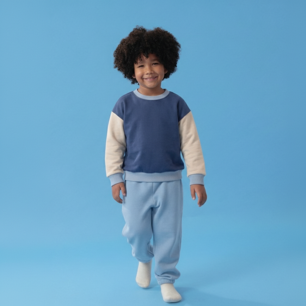 Blue Trio | Child wearing a blue outfit on a blue background