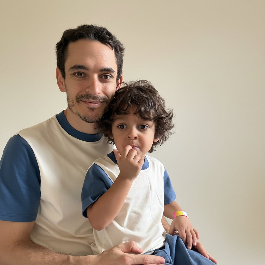 White with Navy Blue | Man holding a child with matching tees in white with navy blue