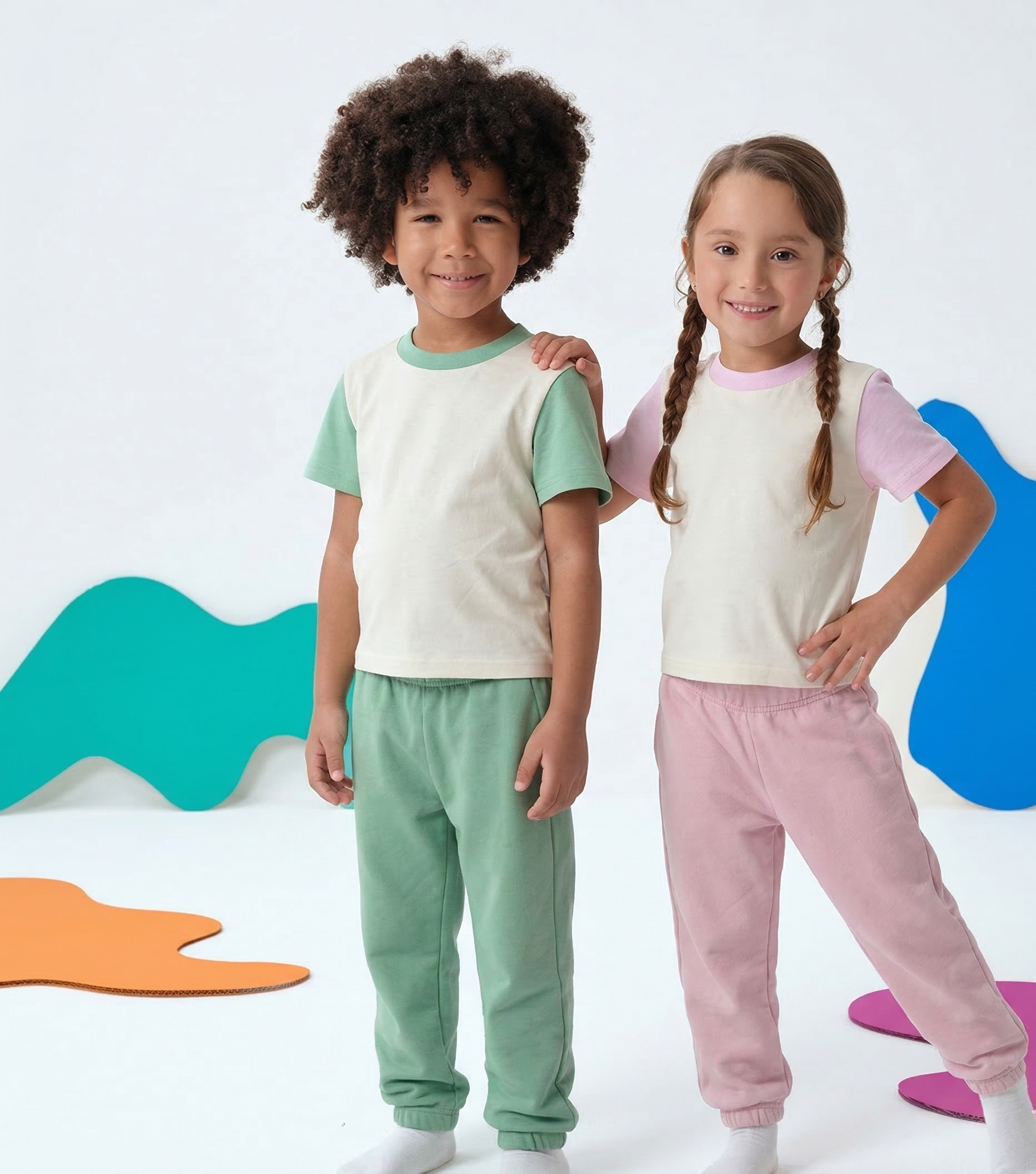 Grass Green; Pink | Two children wearing matching outfits with colorful abstract shapes in the background