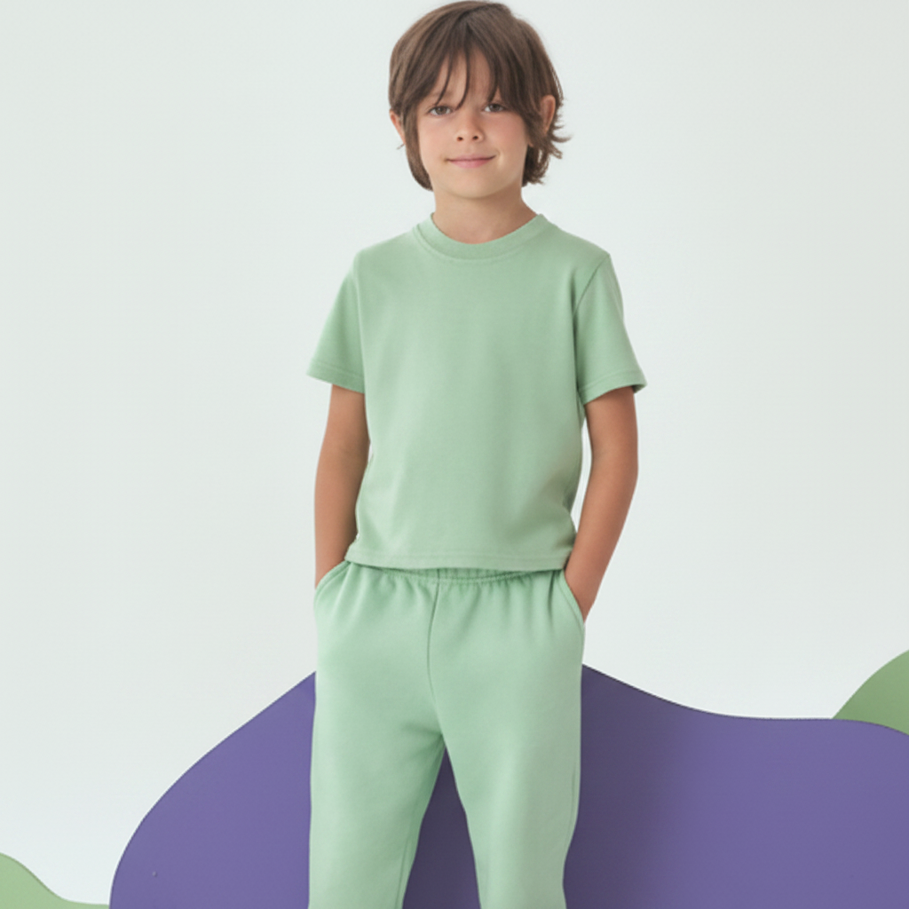 Grass Green | Child wearing a light green outfit on a white and purple background