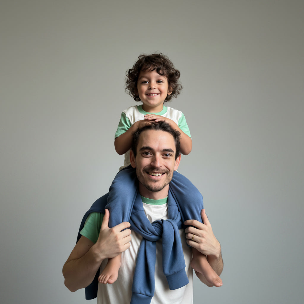 White with Grass Green | Man giving a piggyback ride to a child in a room.