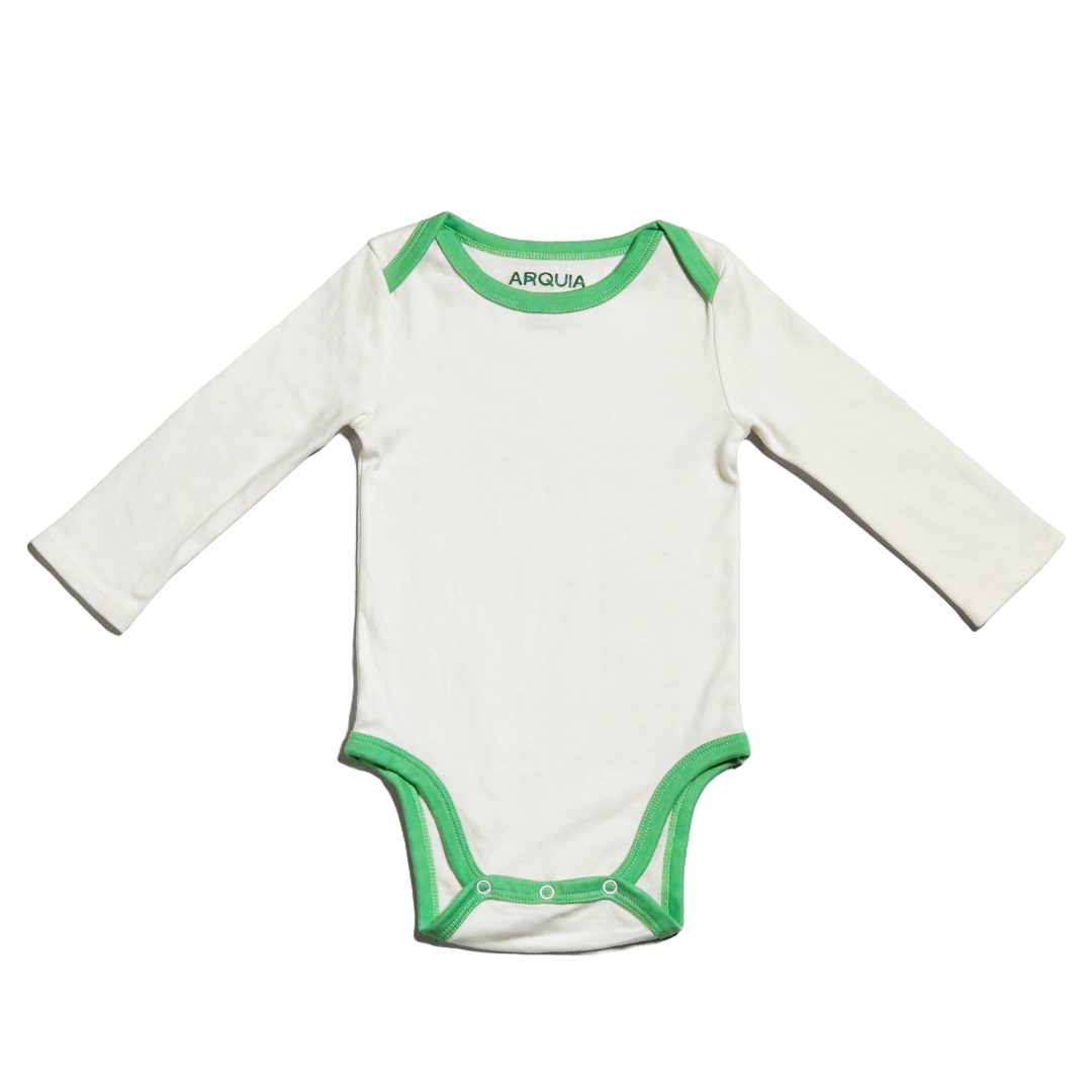 Long sleeve baby onesie in Peruvian Pima cotton from the Baby Essentials Bundle with grass green piping