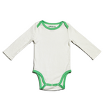 Long sleeve baby onesie in Peruvian Pima cotton from the Baby Essentials Bundle with grass green piping