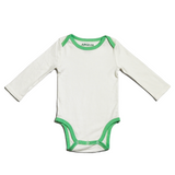 Long sleeve baby onesie in Peruvian Pima cotton from the Baby Essentials Bundle with grass green piping
