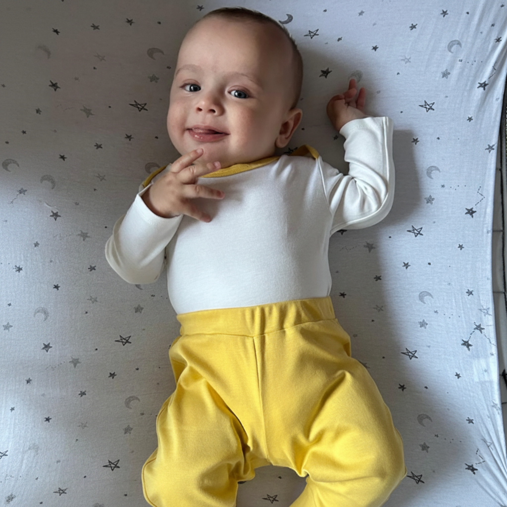 White with Misted Yellow | Baby wearing long sleeve onesie white with misted yellow and cotton jogger pants newborn and peruvian pima cotton
