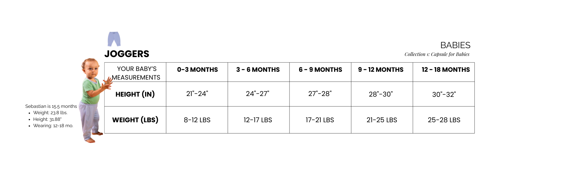 Baby size chart for jogger pants with height and weight measurements.