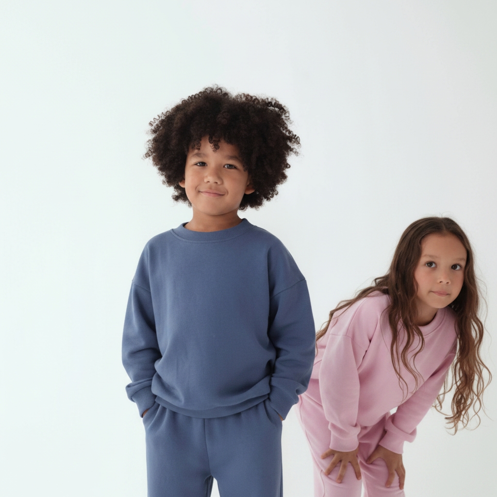 Pink; Navy Blue | Three children wearing colorful sweatsuits on a white background