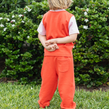Toddler wearing contrast tshirt in red with pink and red sweatpants