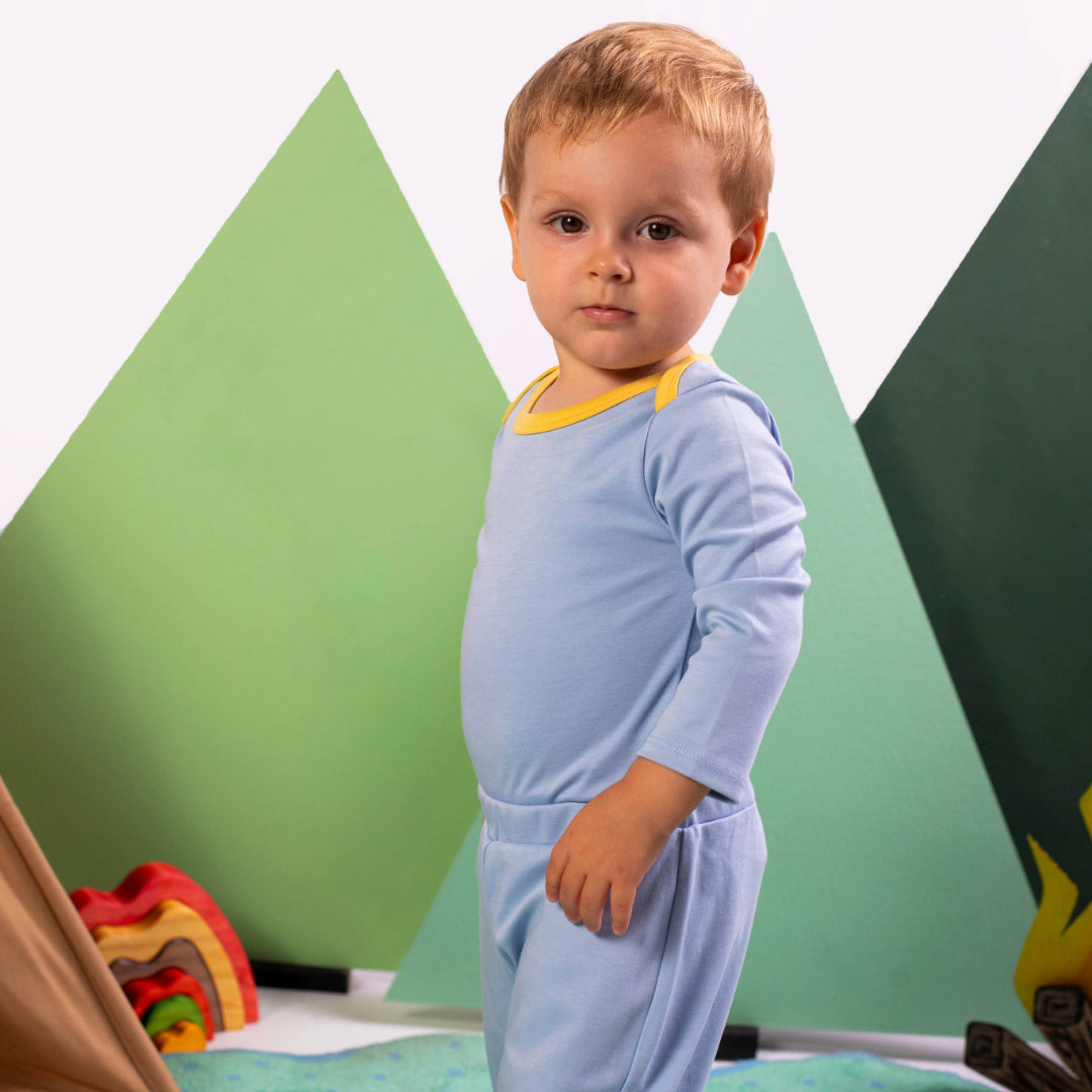 Cozy Comfort Set: Long Sleeve bodysuit in blue with yellow and blue cotton jogger pants
