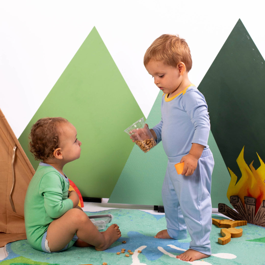 Babies in Long Sleeve bodysuit in blue with Yellow and Green with Blue made of 100% peruvian pima cotton