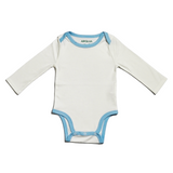 A long sleeve bodysuit for babies, primarily white with chambray blue trim on the collar and cuffs.