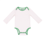 A long sleeve white bodysuit for babies with grass green trim on the collar and cuffs, and snaps at the bottom.