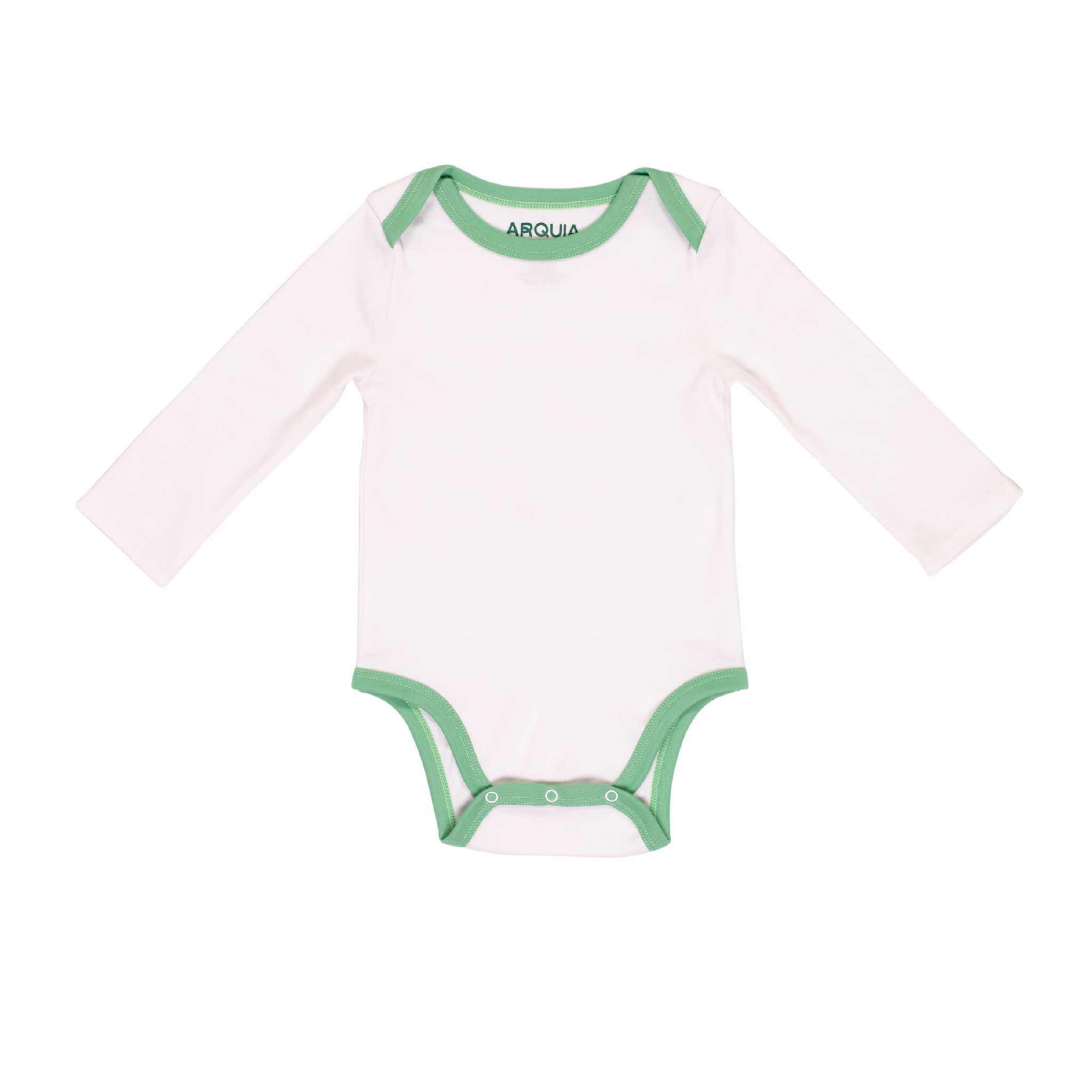 A long sleeve white bodysuit for babies with grass green trim on the collar and cuffs, and snaps at the bottom.