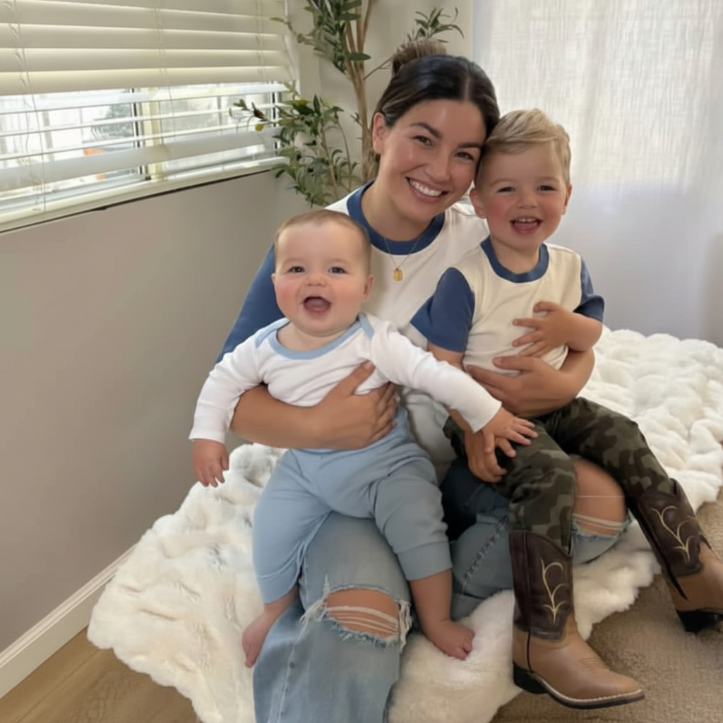 White with Navy Blue | Woman sitting on a couch with two children, smiling at the camera with matching clothes
