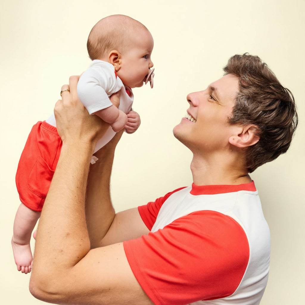 White with Engine Red | Dad holding baby matching in red and white tshirt and bodysuit peruvian pima cotton