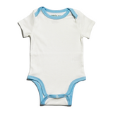 White with Light Blue | short sleeve onesie or bodysuit in white with chambray blue, perfect for babies and newborns