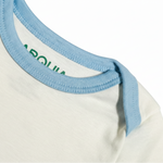 White with Light Blue | Close up of piping of chambray blue short sleeve onesie