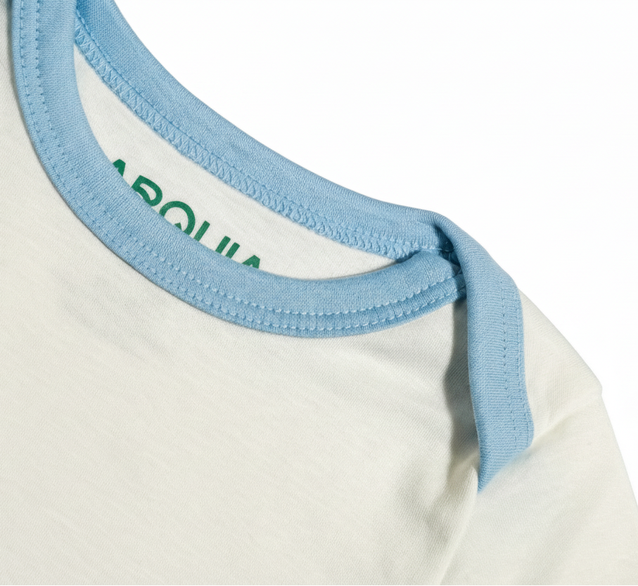 White with Light Blue | Close up of piping of chambray blue short sleeve onesie