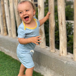 Baby in Sunny day set: short sleeve bodysuit in blue with yellow and shorts
