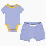 Sunny Day Set: short sleeve bodysuit in blue with yellow and blue shorts made of 100% peruvian pima cotton