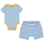 Chambray Blue with Yellow | Sunny Day Set: short sleeve bodysuit in blue with yellow and blue shorts made of 100% peruvian pima cotton
