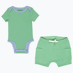Sunny Day Set: Short Sleeve Bodysuit in Grass Green with Blue and Green Cotton Shorts made of 100% peruvian pima cotton