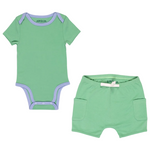 Grass Green with Blue | Sunny Day Set: Short Sleeve Bodysuit in Grass Green with Blue and Green Cotton Shorts made of 100% peruvian pima cotton