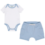 White with Light Blue | Sunny Day Set: Short Sleeve bodysuit and Shorts in blue made of 100% peruvian pima cotton