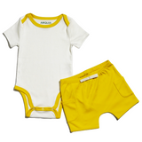 Sunny Day Set: Short Sleeve Bodysuit in white with yellow and yellow shorts made of 100% peruvian pima cotton