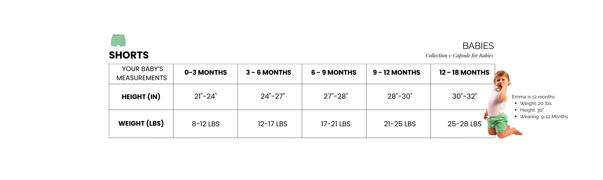 Baby shorts size chart with height and weight measurements for babies.