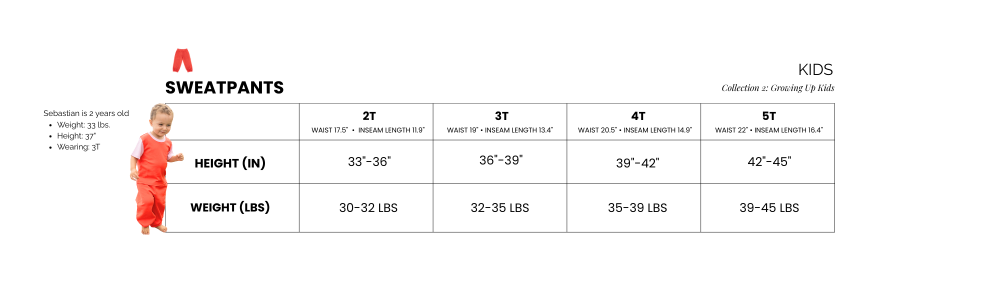 Size chart for kids' sweatpants with height and weight ranges.