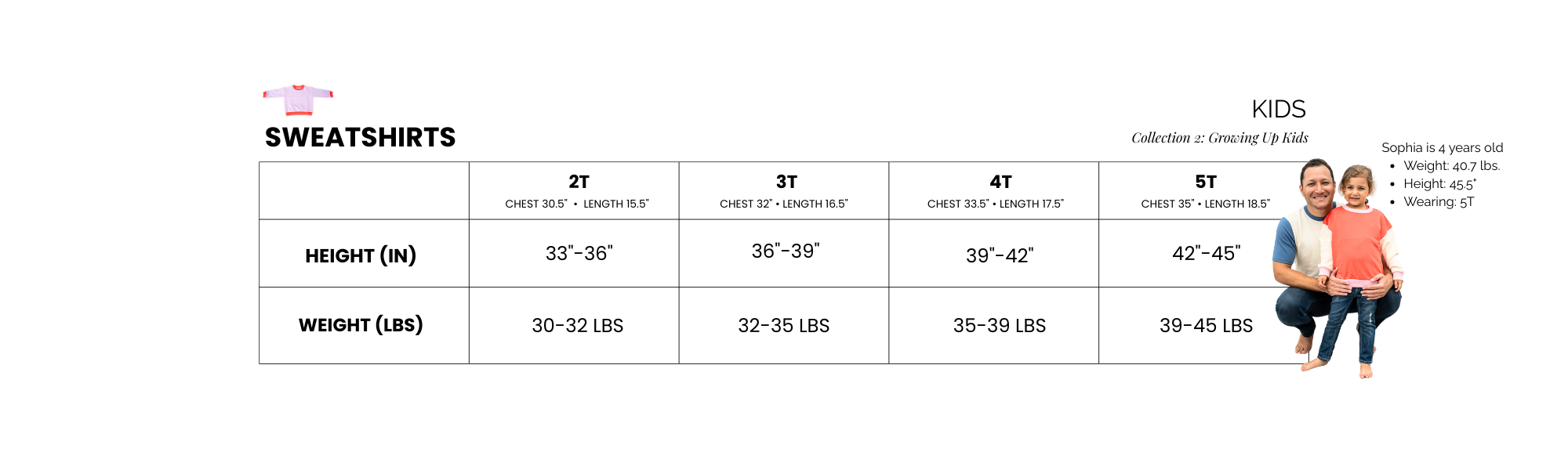 Size chart for sweatshirts with height and weight ranges for 2T to 5T kids.
