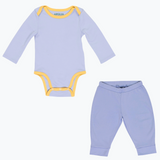 Cozy Comfort: Long Sleeve Bodysuits + Jogger Pants in Chambray Blue with Yellow